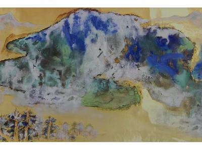 Abstract Colorful Mountain Landscape Painting With Blue Green Yellow Tones And Trees On Golden Background 3d model