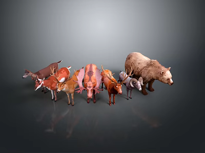 Various Animal Figurines Collection Featuring Deer Pig Bear And Other Species 3d model