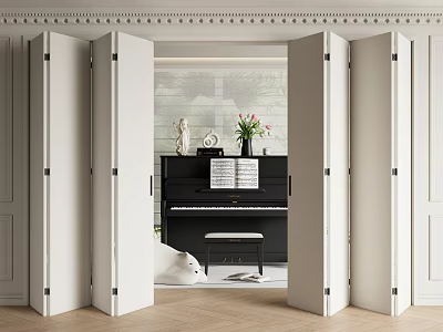 Elegant Interior With Open White Folding Doors And Black Piano Decorative Items 3d model