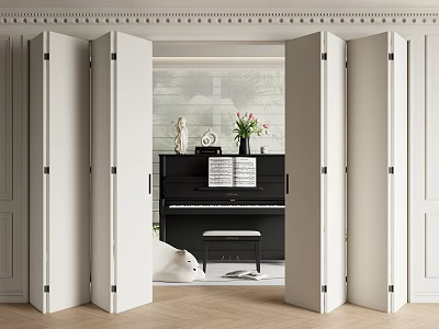 Elegant Interior With Open White Folding Doors And Black Piano Decorative Items 3d model