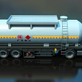 Red Cab Fuel Tank Truck With Silver Tank Yellow Stripes Safety Signs Ladder Multiple Wheels