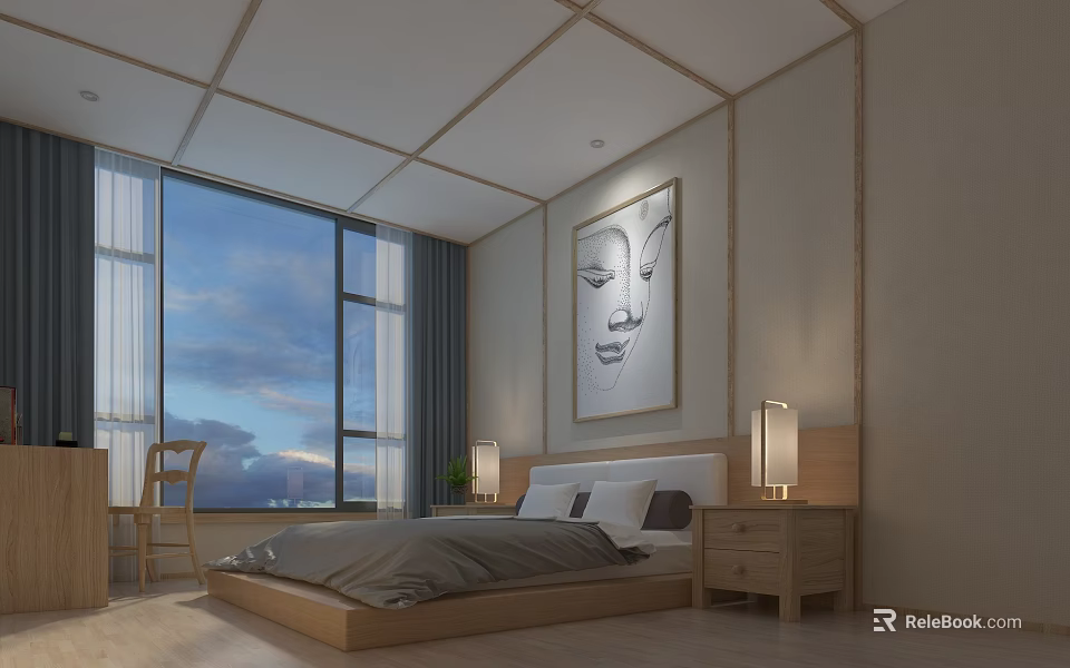 Boutique Homestay Guest Room With Wooden Furniture Large Window Buddha Painting And Table Lamps 3d model 