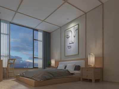 Boutique Homestay Guest Room With Wooden Furniture Large Window Buddha Painting And Table Lamps 3d model