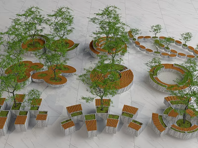 Creative Landscape Seats Design With Circular Spiral Shapes And Green Trees 3d model