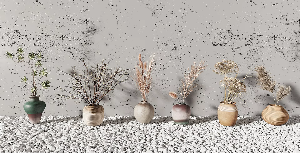 Four Ceramic Vases With Dried Flowers On White Pebbles Against Gray Wall For Home Decor 3d model 