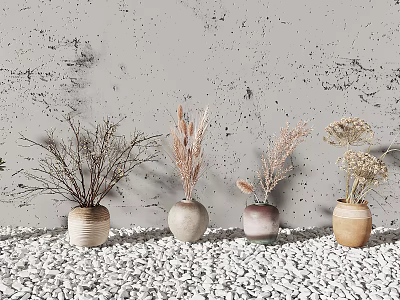 Four Ceramic Vases With Dried Flowers On White Pebbles Against Gray Wall For Home Decor 3d model