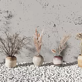 Four Ceramic Vases With Dried Flowers On White Pebbles Against Gray Wall For Home Decor