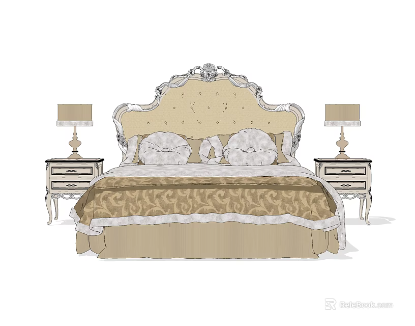 Elegant Classic Double Bed Featuring Ornate Headboard Plush Pillows Patterned Bedspread and Matching Nightstands 3d model 