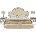 Elegant Classic Double Bed Featuring Ornate Headboard Plush Pillows Patterned Bedspread and Matching Nightstands 3d model