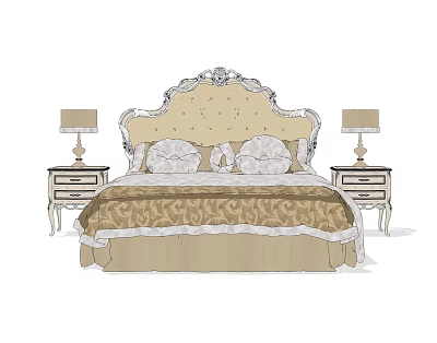 Elegant Classic Double Bed Featuring Ornate Headboard Plush Pillows Patterned Bedspread and Matching Nightstands 3d model