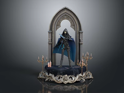 Hooded Cloaked Dark Fantasy Character Standing On Gothic Arch Pedestal With Ornate Candelabras 3d model