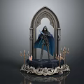 Hooded Cloaked Dark Fantasy Character Standing On Gothic Arch Pedestal With Ornate Candelabras