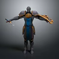 Fantasy Armored Character 3D Model With Arms Outstretched And Blue Gold Accents