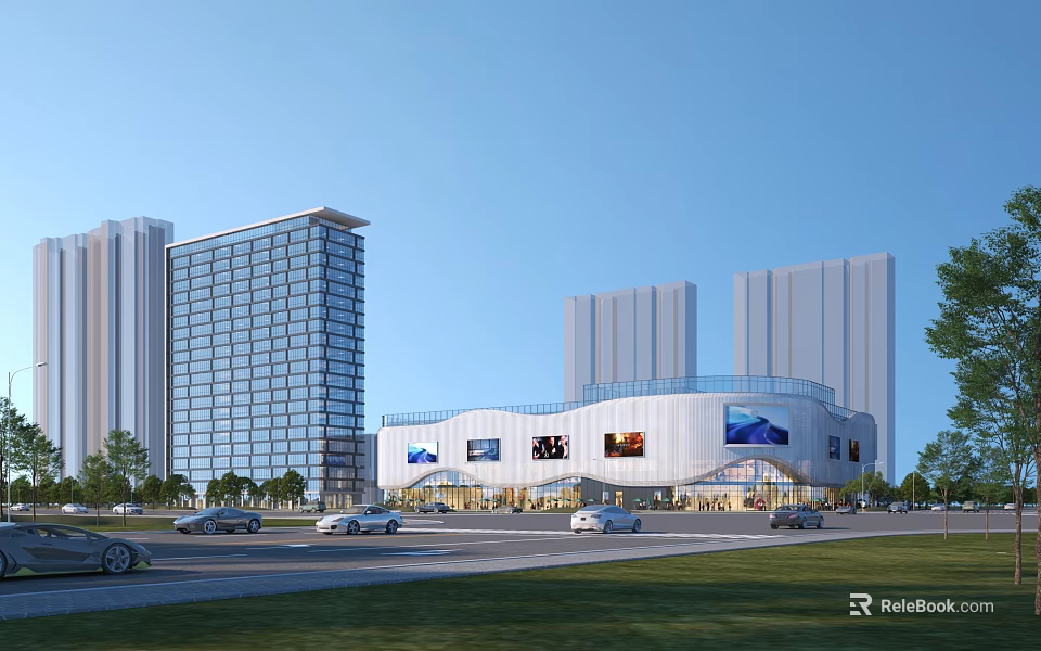 Modern Office Building Exterior With Glass Curtain Walls Multiple Towers Parking Lot And Greenery 3d model 