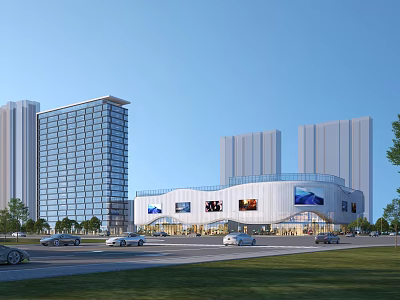 Modern Office Building Exterior With Glass Curtain Walls Multiple Towers Parking Lot And Greenery 3d model