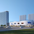 Modern Office Building Exterior With Glass Curtain Walls Multiple Towers Parking Lot And Greenery