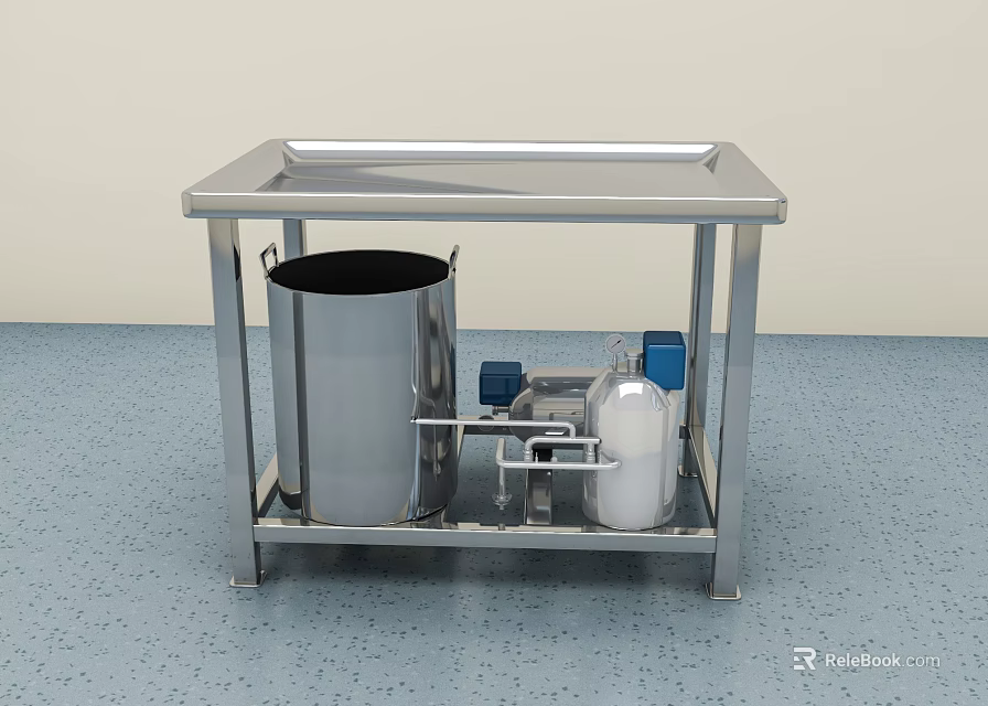 Stainless Steel Industrial Equipment with Tabletop Cylindrical Container Pipes White Tank and Blue Components 3d model 
