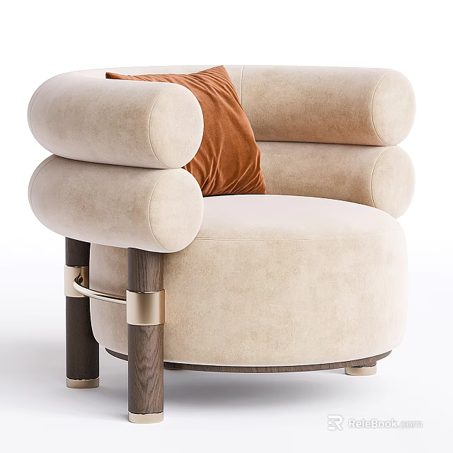 Modern Beige Single Sofa With Soft Upholstery Wooden Legs And Orange Cushion 3d model 
