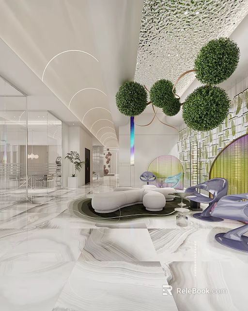Modern Lounge Area Interior Design With Hanging Spherical Greenery And Comfortable Seating 3d model