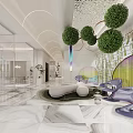 Modern Lounge Area Interior Design With Hanging Spherical Greenery And Comfortable Seating 3d model