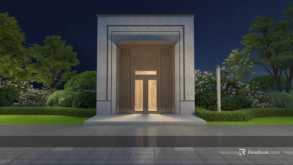 Illuminated Entrance Gate Night View With Stone Design And Surrounding Greenery 3d model 
