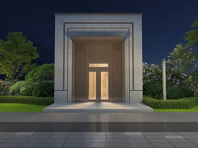 Illuminated Entrance Gate Night View With Stone Design And Surrounding Greenery 3d model