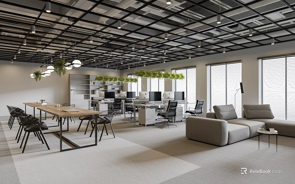 Modern Public Office Space Interior With Work Desks Computers Sofa Green Plants And Large Windows 3d model 