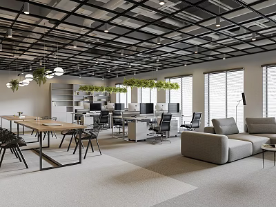 Modern Public Office Space Interior With Work Desks Computers Sofa Green Plants And Large Windows 3d model
