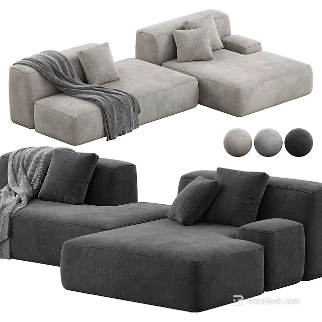 Modern Three-Seater Velvet Sofa Modular Design with Plush Cushions and Multiple Gray Tones 3d model 