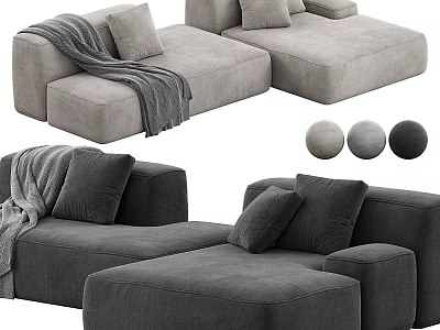 Modern Three-Seater Velvet Sofa Modular Design with Plush Cushions and Multiple Gray Tones 3d model