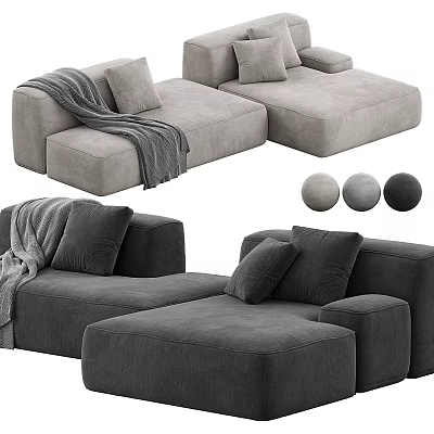 Modern Three-Seater Velvet Sofa Modular Design with Plush Cushions and Multiple Gray Tones 3d model