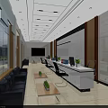 Modern Service Hall Interior With White Reception Desk Sofa Area Green Plants And City View
