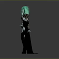 Green Haired Blue Skinned Fantasy Character Standing In Black Long Dress With Metallic Armor