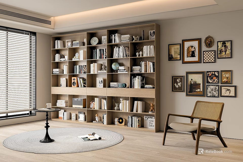 Wooden Bookshelf With Multiple Shelves Holding Books Decorative Items Armchair Rug And Wall Art 3d model 