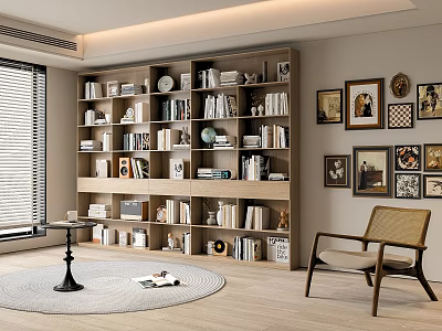 Wooden Bookshelf With Multiple Shelves Holding Books Decorative Items Armchair Rug And Wall Art 3d model
