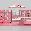 Pink Themed Display Space With Circular Central Platform And Striped Awning Booths 3d model