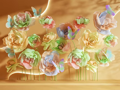 Colorful Paper Flowers And Butterflies Warm Toned Photo Check In Spot 3d model