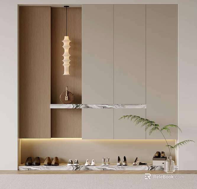 Modern Wooden Shoe Cabinet Design With Light Colored Panels And Marble Shelf Lighting 3d model 