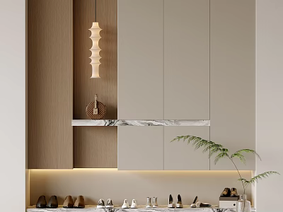 Modern Wooden Shoe Cabinet Design With Light Colored Panels And Marble Shelf Lighting 3d model