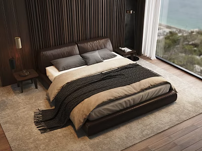 Double Bed with Brown Leather Headboard Gray Pillows Beige Blanket Wooden Wall and Sea View 3d model