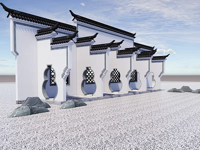 Chinese Style Scenic Wall Featuring White Walls Black Tiled Roofs and Lattice Windows on Gravel 3d model