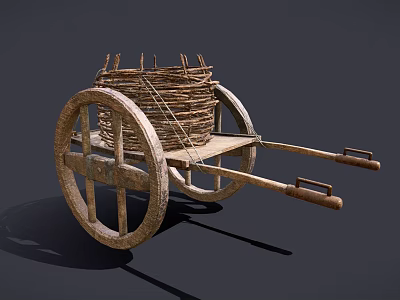 Rustic Vintage Wooden Cart Featuring Wicker Basket and Large Spoked Wheels 3d model
