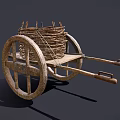 Rustic Vintage Wooden Cart Featuring Wicker Basket and Large Spoked Wheels