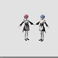 Anime Maid Characters with Pink Blue Hair in Frilled Outfits White Stockings and Black Shoes