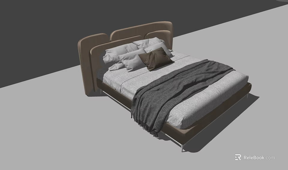 Modern Double Bed Design With Upholstered Headboard Pillows And Gray Blanket 3d model 