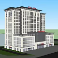 Modern Multi Storey Building With Chinese Style Roof Large Windows And Plaza
