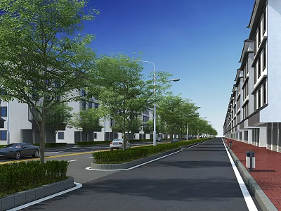Residential Area Road Facilities With Street Lamps Green Trees Sidewalks And Parked Vehicles 3d model