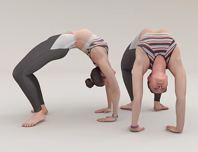 Women Performing Yoga Pose Bending Backward With Hands And Feet On Floor In Activewear 3d model