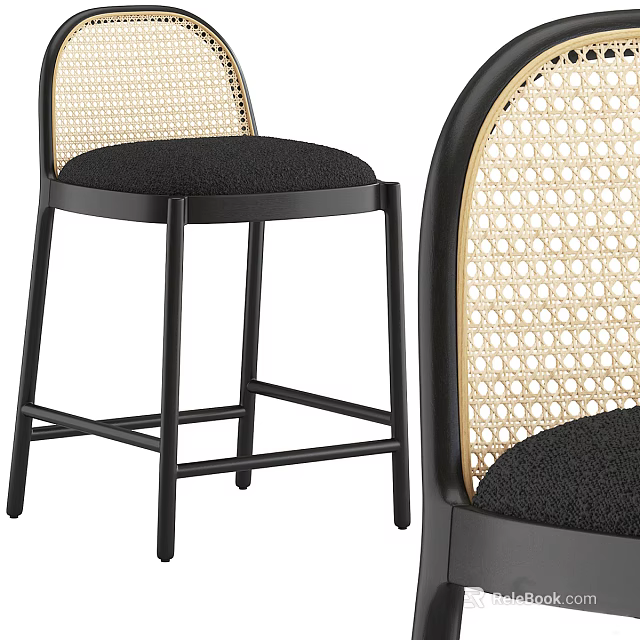 Black Frame Bar Stool With Woven Backrest And Cushion 3d model 