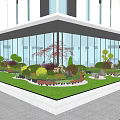 Colorful Flowers and Lush Green Plants in Modern Glass Building Front Garden Landscape